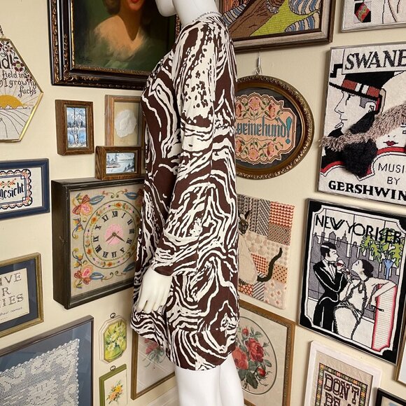 Diane Von Furstenburg Brown and White 100% Silk Jersey Split Collar Tunic Size 6 - Picture 3 of 7